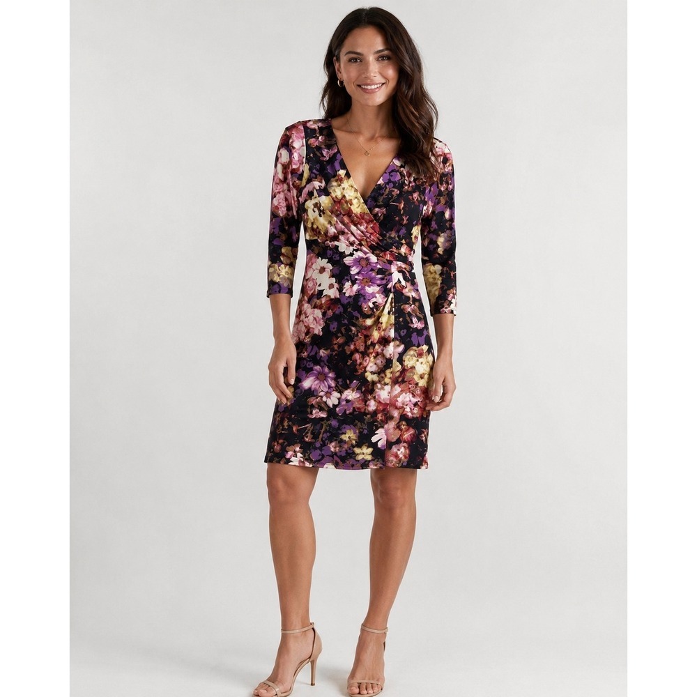 Lauren Ralph Lauren Faux Wrap Dress Womens 6 Black Floral Ruched V-Neck